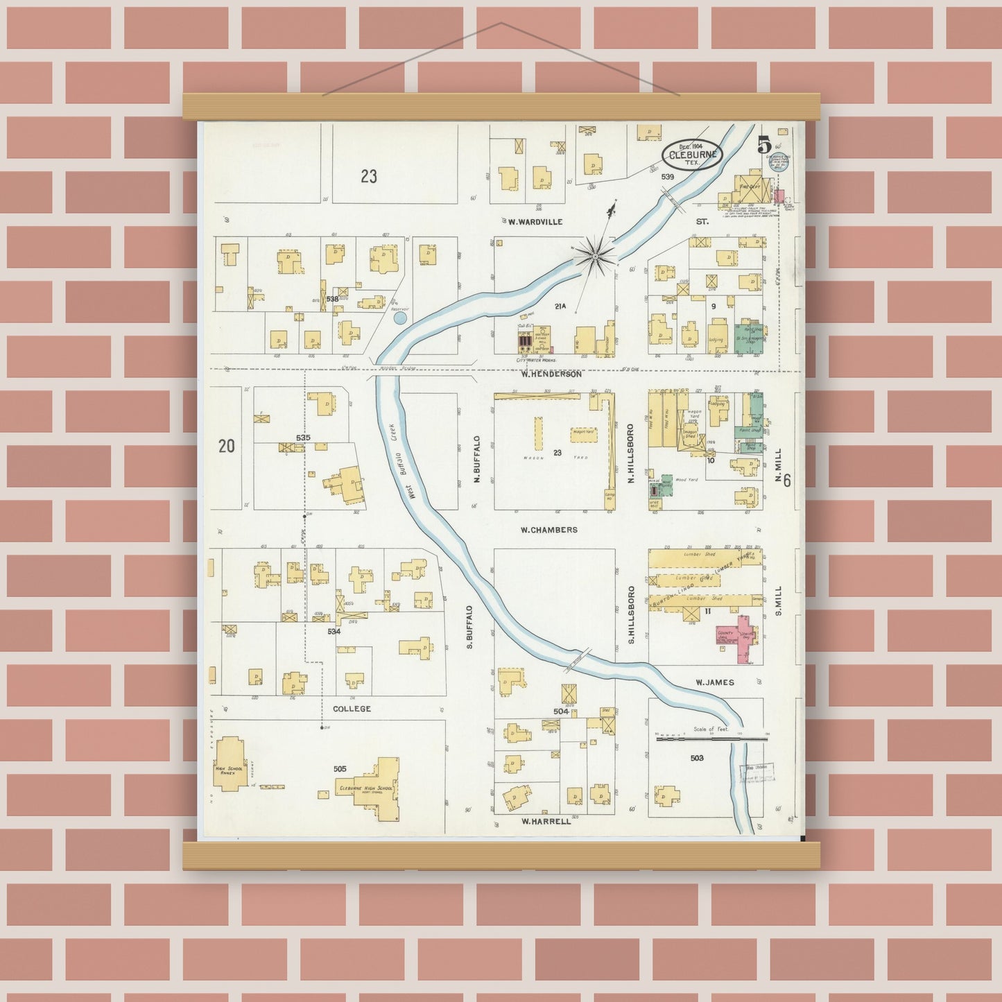 Old map wall art mockup — magnetic wood frame on brick wall — Sanborn Fire Insurance Map from Cleburne, Johnson County, Texas (1904), Sheet #0005
