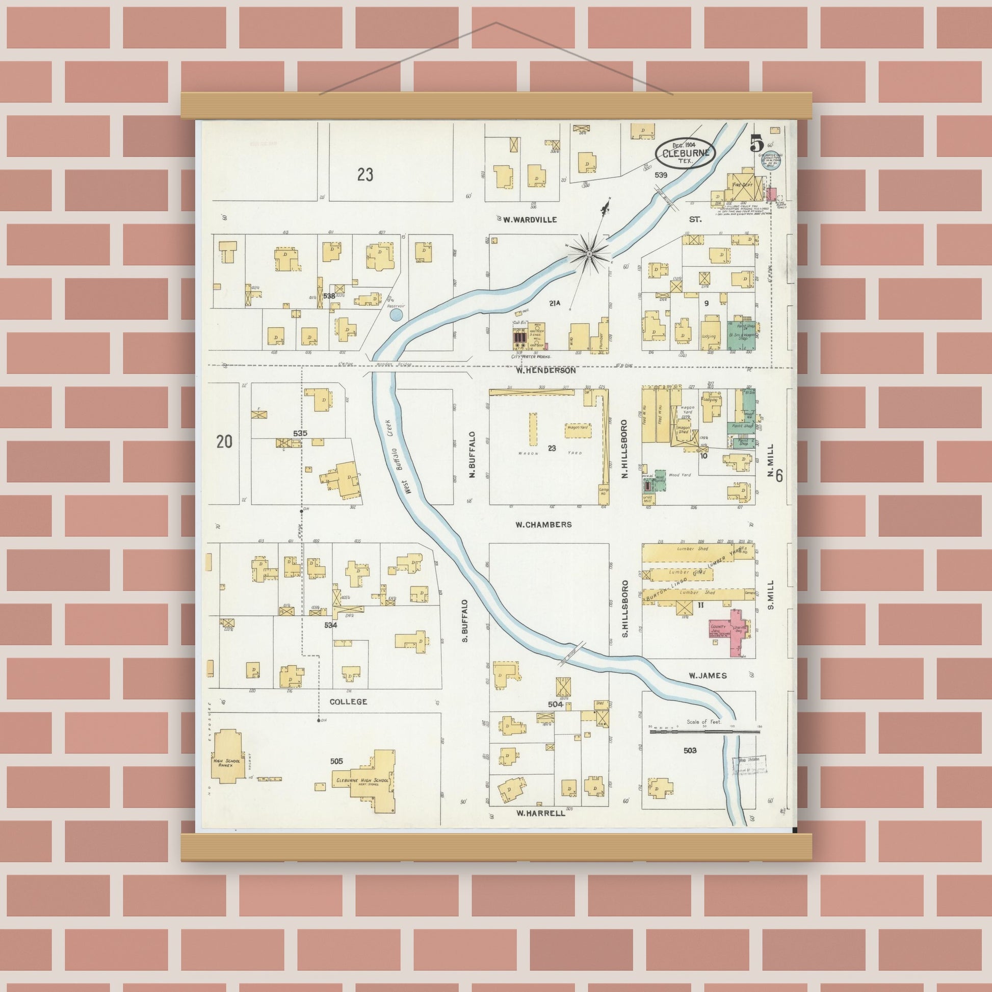 Old map wall art mockup — magnetic wood frame on brick wall — Sanborn Fire Insurance Map from Cleburne, Johnson County, Texas (1904), Sheet #0005