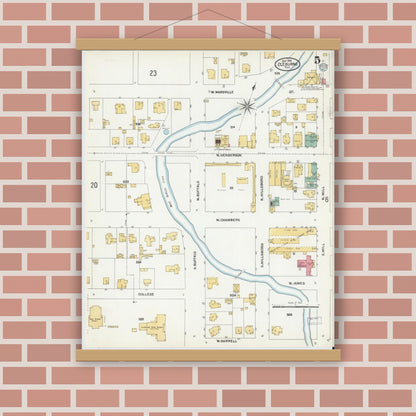 Old map wall art mockup — magnetic wood frame on brick wall — Sanborn Fire Insurance Map from Cleburne, Johnson County, Texas (1904), Sheet #0005