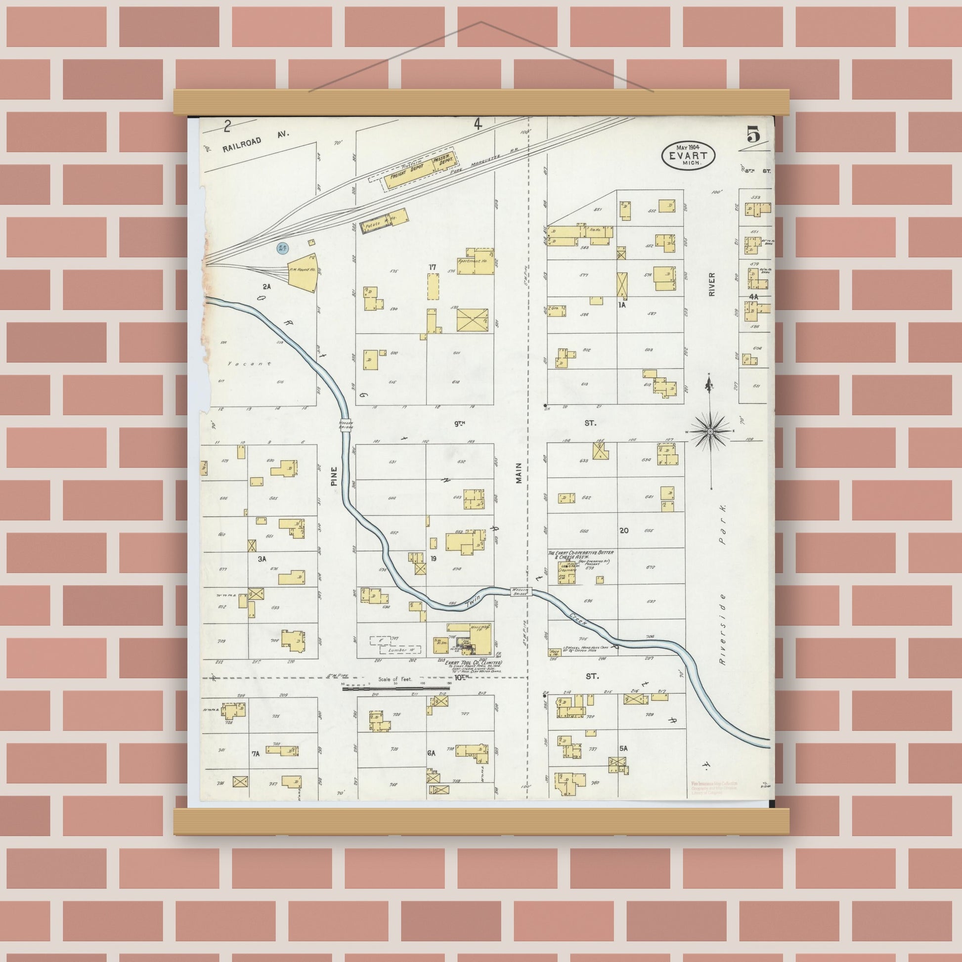 Old map wall art mockup — magnetic wood frame on brick wall — Sanborn Fire Insurance Map from Evart, Osceola County, Michigan (1904), Sheet #0005