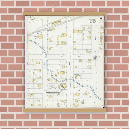 Old map wall art mockup — magnetic wood frame on brick wall — Sanborn Fire Insurance Map from Evart, Osceola County, Michigan (1904), Sheet #0005