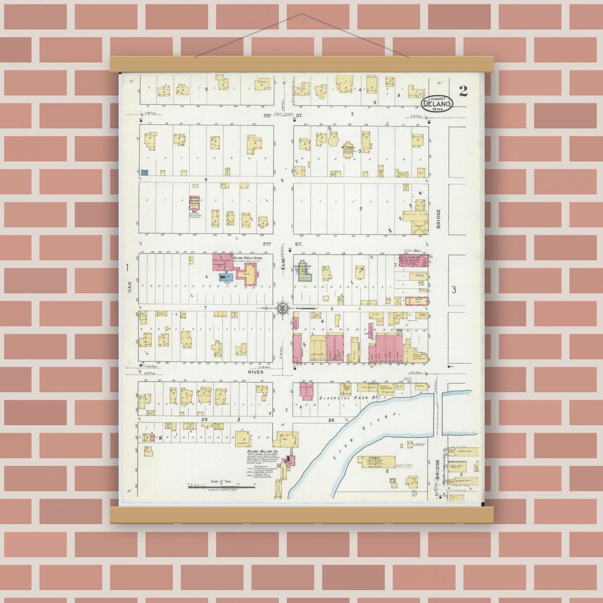 Old map wall art mockup — magnetic wood frame on brick wall — Sanborn Fire Insurance Map from Delano, Wright County, Minnesota (1917), Sheet #0002