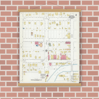 Old map wall art mockup — magnetic wood frame on brick wall — Sanborn Fire Insurance Map from Delano, Wright County, Minnesota (1917), Sheet #0002