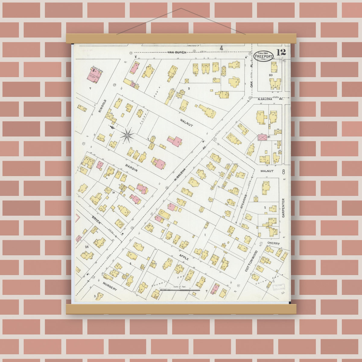 Old map wall art mockup — magnetic wood frame on brick wall — Sanborn Fire Insurance Map from Freeport, Stephenson County, Illinois (1904), Sheet #0012