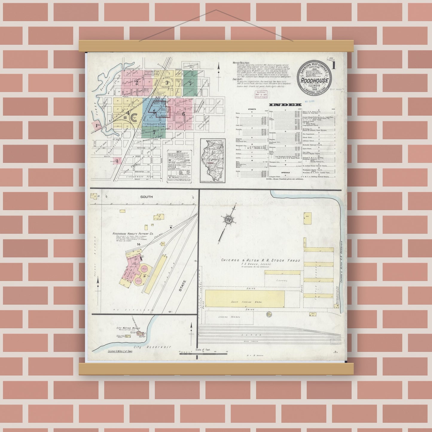 Old map wall art mockup — magnetic wood frame on brick wall — Sanborn Fire Insurance Map from Roodhouse, Greene County, Illinois (1914) - Complete Map Set