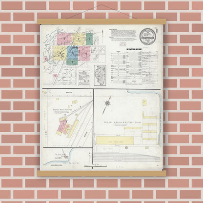 Old map wall art mockup — magnetic wood frame on brick wall — Sanborn Fire Insurance Map from Roodhouse, Greene County, Illinois (1914) - Complete Map Set