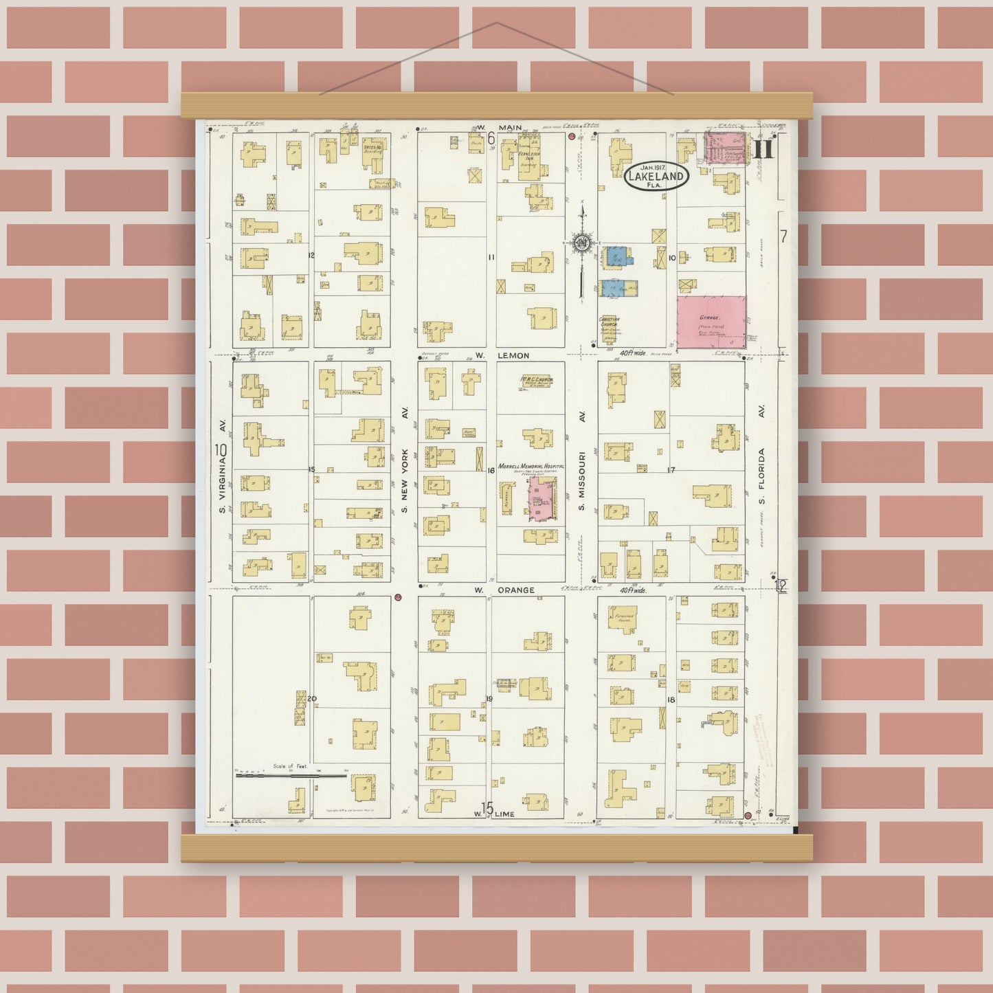 Old map wall art mockup — magnetic wood frame on brick wall — Sanborn Fire Insurance Map from Lakeland, Polk County, Florida (1917), Sheet #0011