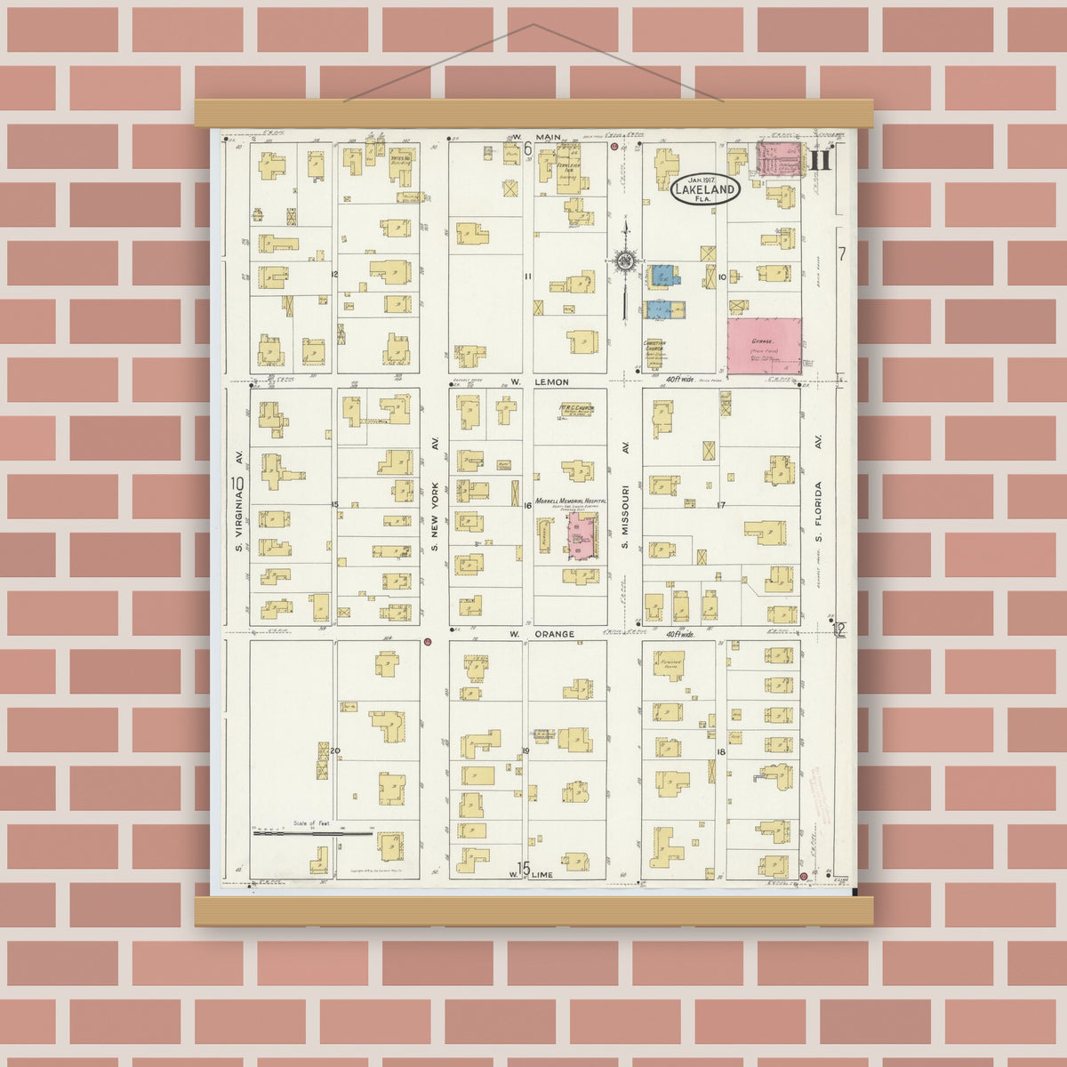 Old map wall art mockup — magnetic wood frame on brick wall — Sanborn Fire Insurance Map from Lakeland, Polk County, Florida (1917), Sheet #0011
