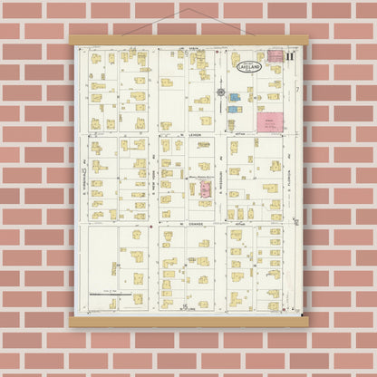 Old map wall art mockup — magnetic wood frame on brick wall — Sanborn Fire Insurance Map from Lakeland, Polk County, Florida (1917), Sheet #0011