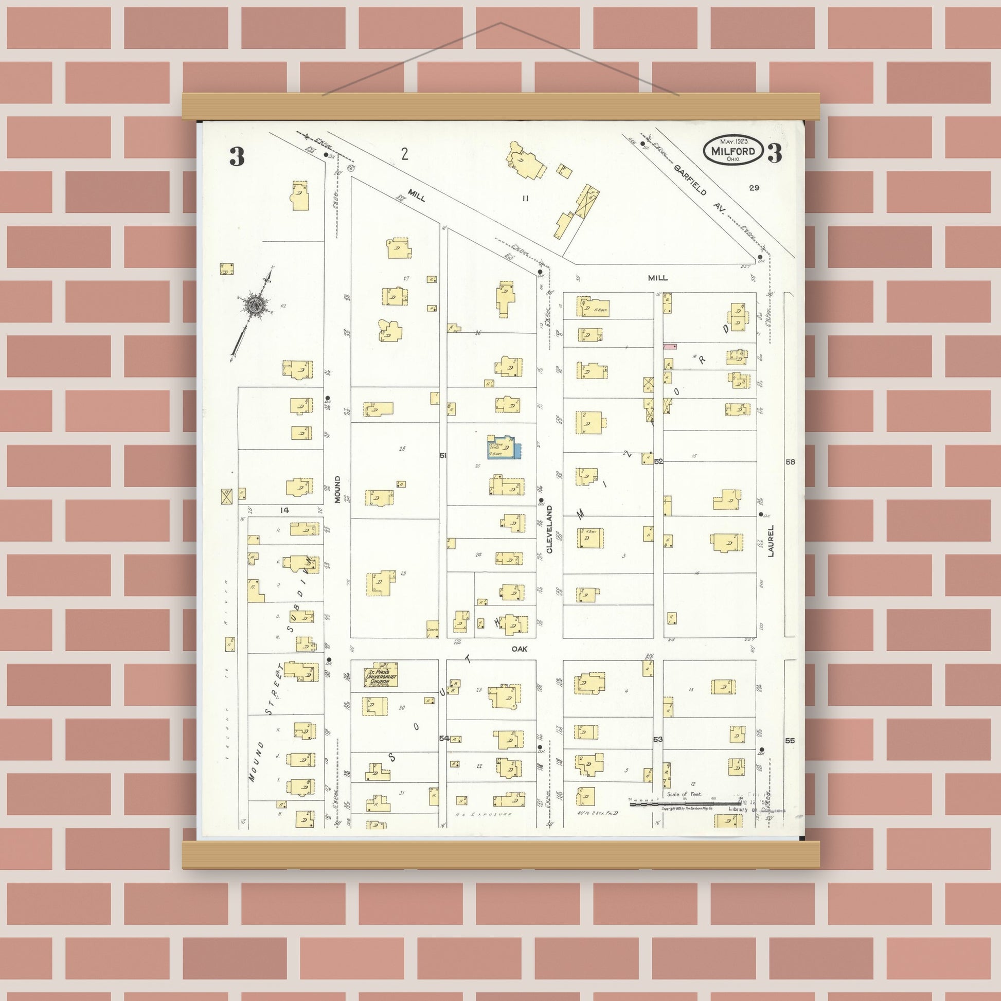 Old map wall art mockup — magnetic wood frame on brick wall — Sanborn Fire Insurance Map from Milford, Clermont And Hamilton County, Ohio (1925), Sheet #0003