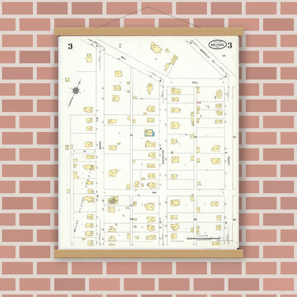 Old map wall art mockup — magnetic wood frame on brick wall — Sanborn Fire Insurance Map from Milford, Clermont And Hamilton County, Ohio (1925), Sheet #0003