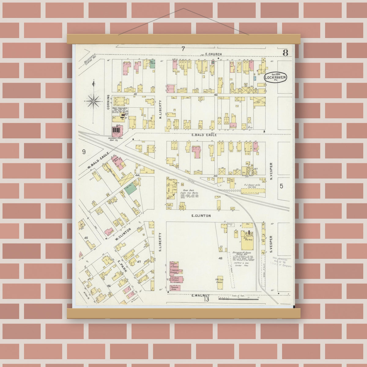 Old map wall art mockup — magnetic wood frame on brick wall — Sanborn Fire Insurance Map from Lock Haven, Clinton County, Pennsylvania (1896), Sheet #0008