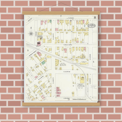Old map wall art mockup — magnetic wood frame on brick wall — Sanborn Fire Insurance Map from Lock Haven, Clinton County, Pennsylvania (1896), Sheet #0008