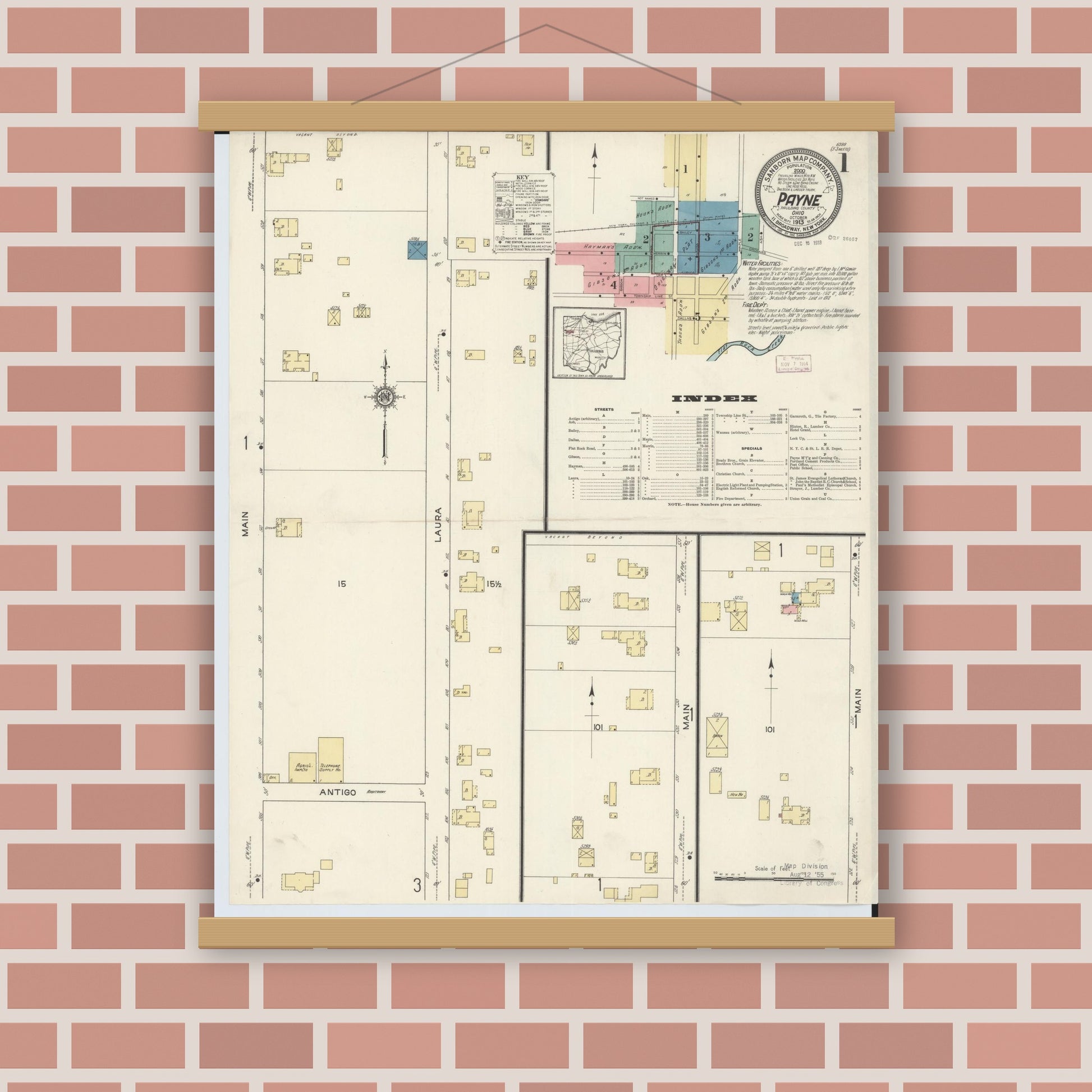Old map wall art mockup — magnetic wood frame on brick wall — Sanborn Fire Insurance Map from Payne, Paulding County, Ohio (1913) - Complete Map Set