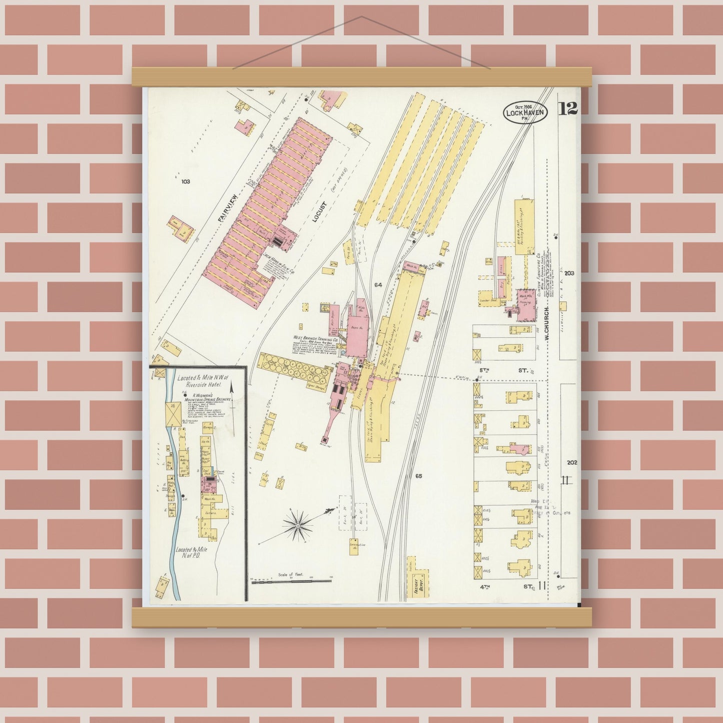 Old map wall art mockup — magnetic wood frame on brick wall — Sanborn Fire Insurance Map from Lock Haven, Clinton County, Pennsylvania (1906), Sheet #0012
