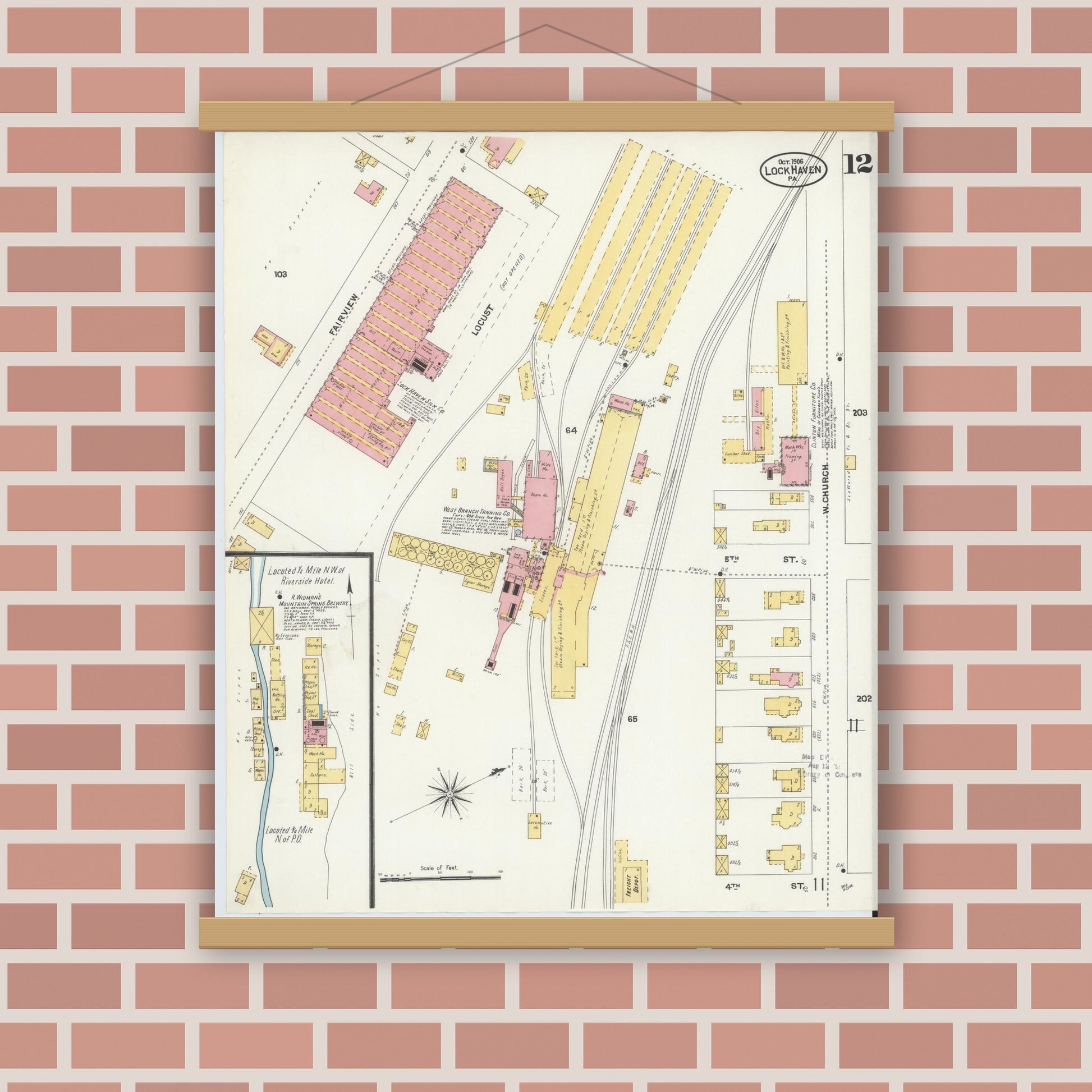 Old map wall art mockup — magnetic wood frame on brick wall — Sanborn Fire Insurance Map from Lock Haven, Clinton County, Pennsylvania (1906), Sheet #0012