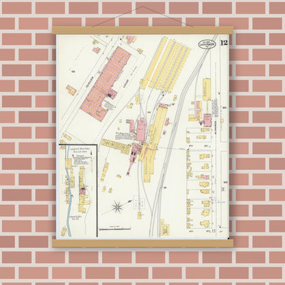 Old map wall art mockup — magnetic wood frame on brick wall — Sanborn Fire Insurance Map from Lock Haven, Clinton County, Pennsylvania (1906), Sheet #0012