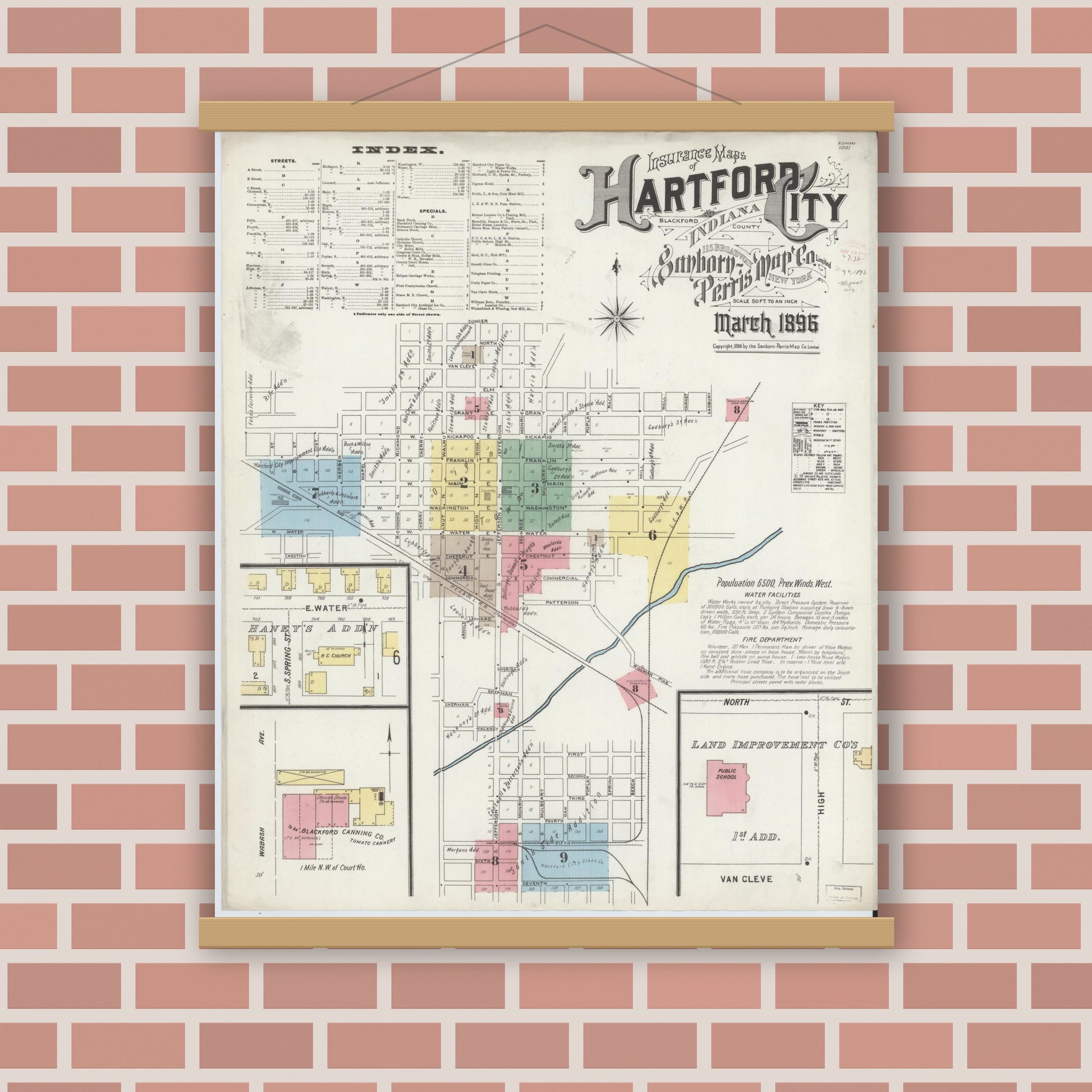Old map wall art mockup — magnetic wood frame on brick wall — Sanborn Fire Insurance Map from Hartford City, Blackford County, Indiana (1896) - Complete Map Set