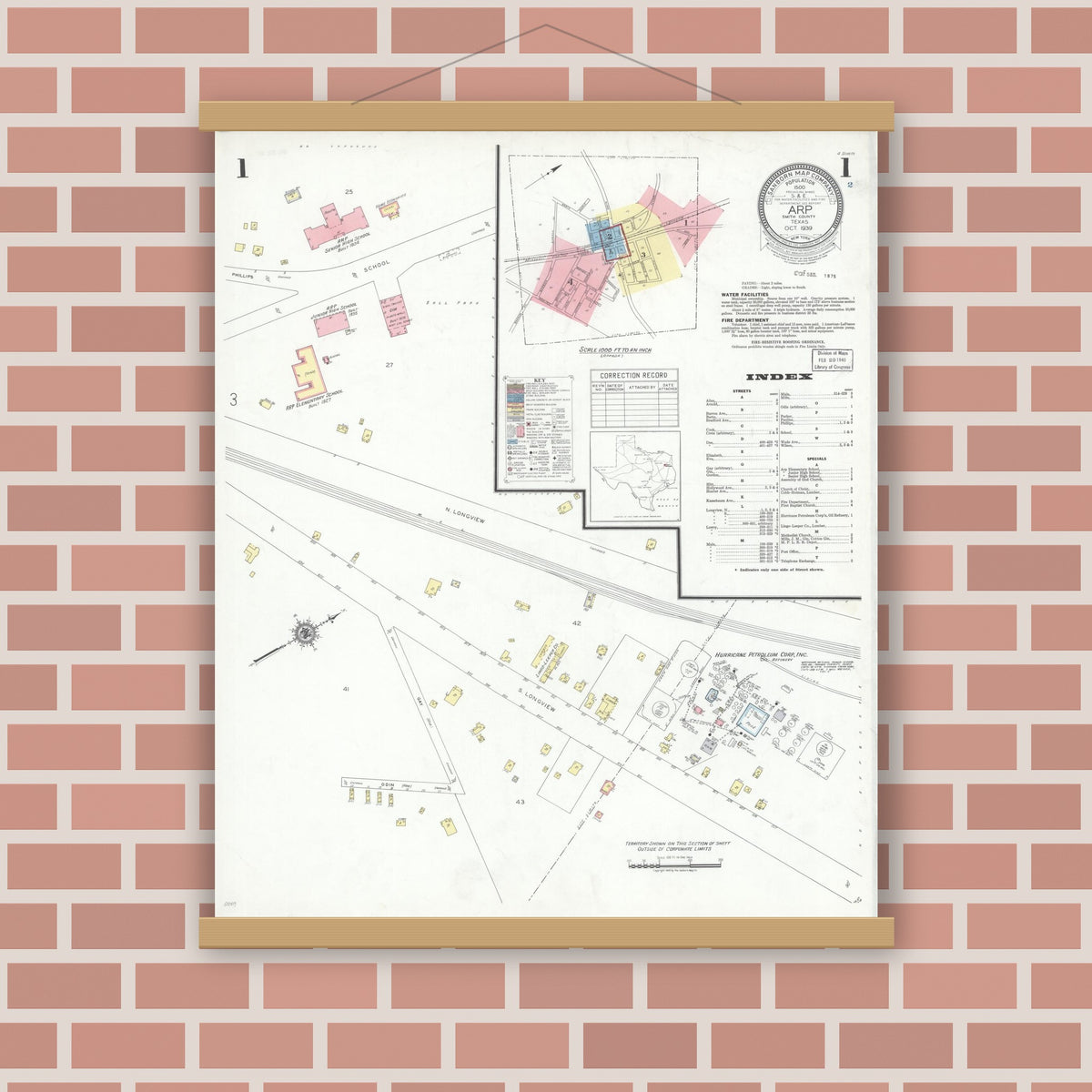 Old map wall art mockup — magnetic wood frame on brick wall — Sanborn Fire Insurance Map from Arp, Smith County, Texas (1939) - Complete Map Set