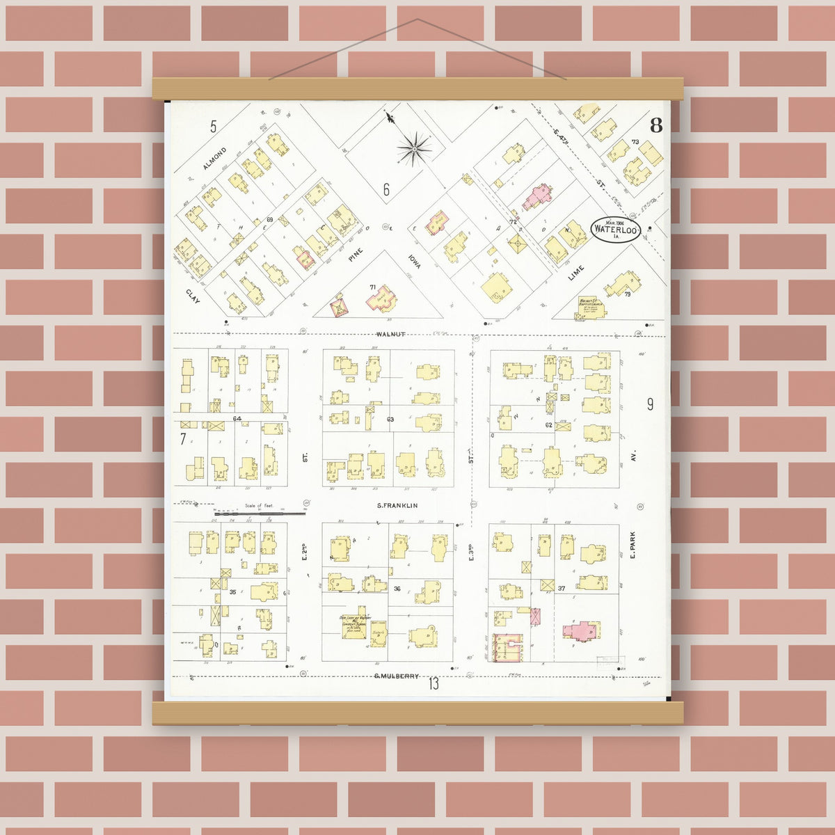 Old map wall art mockup — magnetic wood frame on brick wall — Sanborn Fire Insurance Map from Waterloo, Black Hawk County, Iowa (1906), Sheet #0008