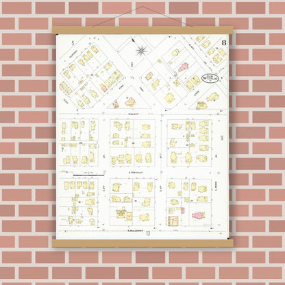 Old map wall art mockup — magnetic wood frame on brick wall — Sanborn Fire Insurance Map from Waterloo, Black Hawk County, Iowa (1906), Sheet #0008