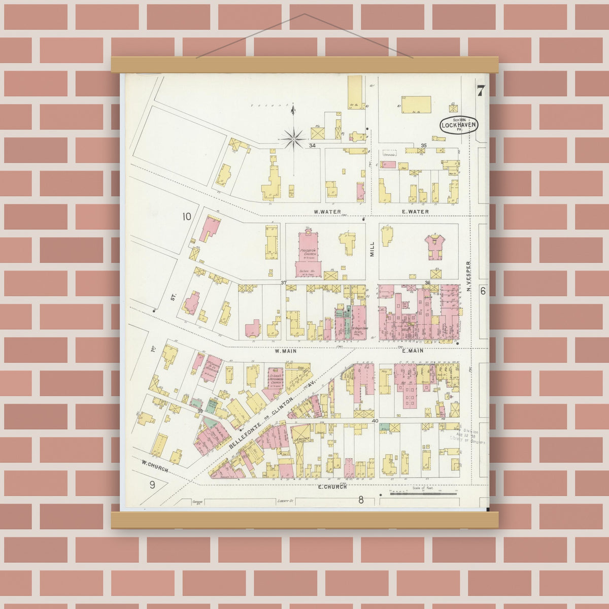 Old map wall art mockup — magnetic wood frame on brick wall — Sanborn Fire Insurance Map from Lock Haven, Clinton County, Pennsylvania (1896), Sheet #0007