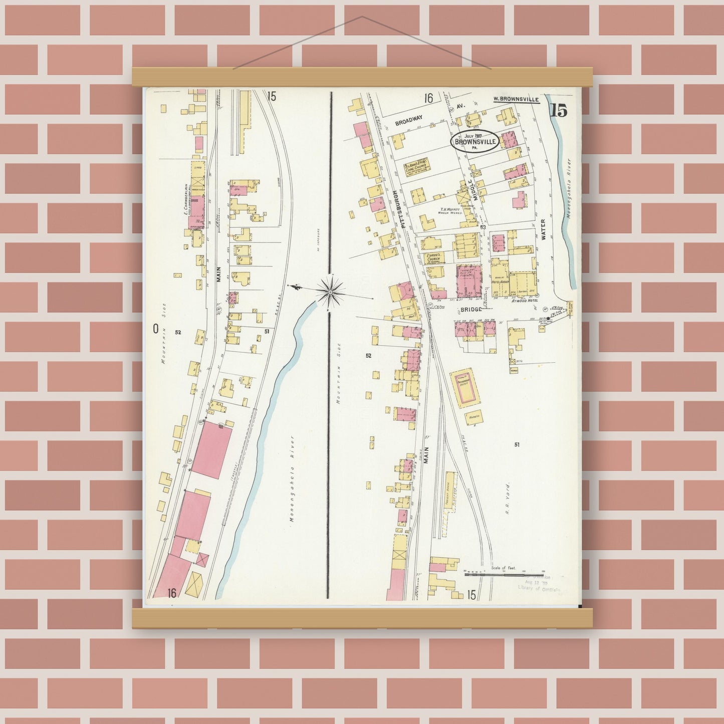 Old map wall art mockup — magnetic wood frame on brick wall — Sanborn Fire Insurance Map from Brownsville, Fayette County, Pennsylvania (1907), Sheet #0015