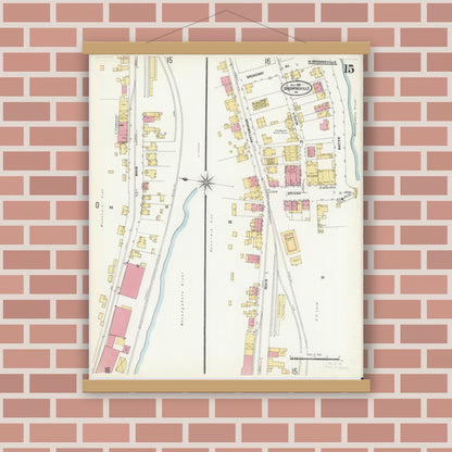 Old map wall art mockup — magnetic wood frame on brick wall — Sanborn Fire Insurance Map from Brownsville, Fayette County, Pennsylvania (1907), Sheet #0015