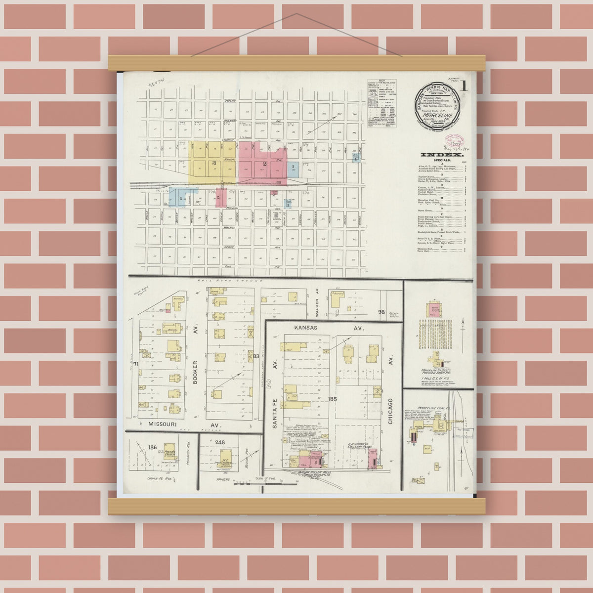 Old map wall art mockup — magnetic wood frame on brick wall — Sanborn Fire Insurance Map from Marceline, Linn County, Missouri (1894) - Complete Map Set