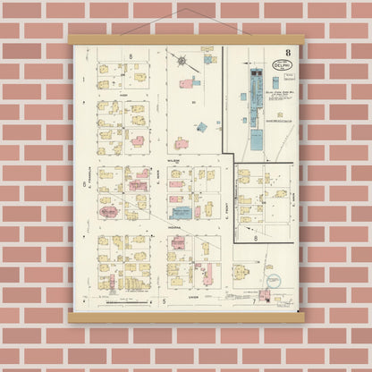 Old map wall art mockup — magnetic wood frame on brick wall — Sanborn Fire Insurance Map from Delphi, Carroll County, Indiana (1912), Sheet #0008