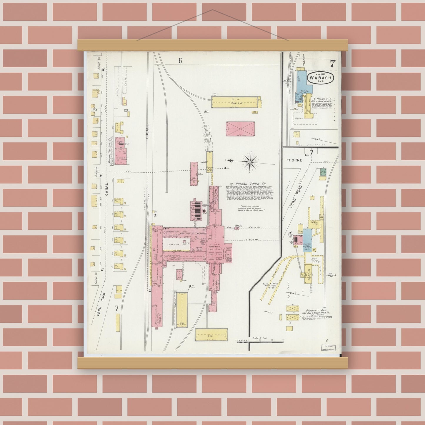 Old map wall art mockup — magnetic wood frame on brick wall — Sanborn Fire Insurance Map from Wabash, Wabash County, Indiana (1896), Sheet #0007