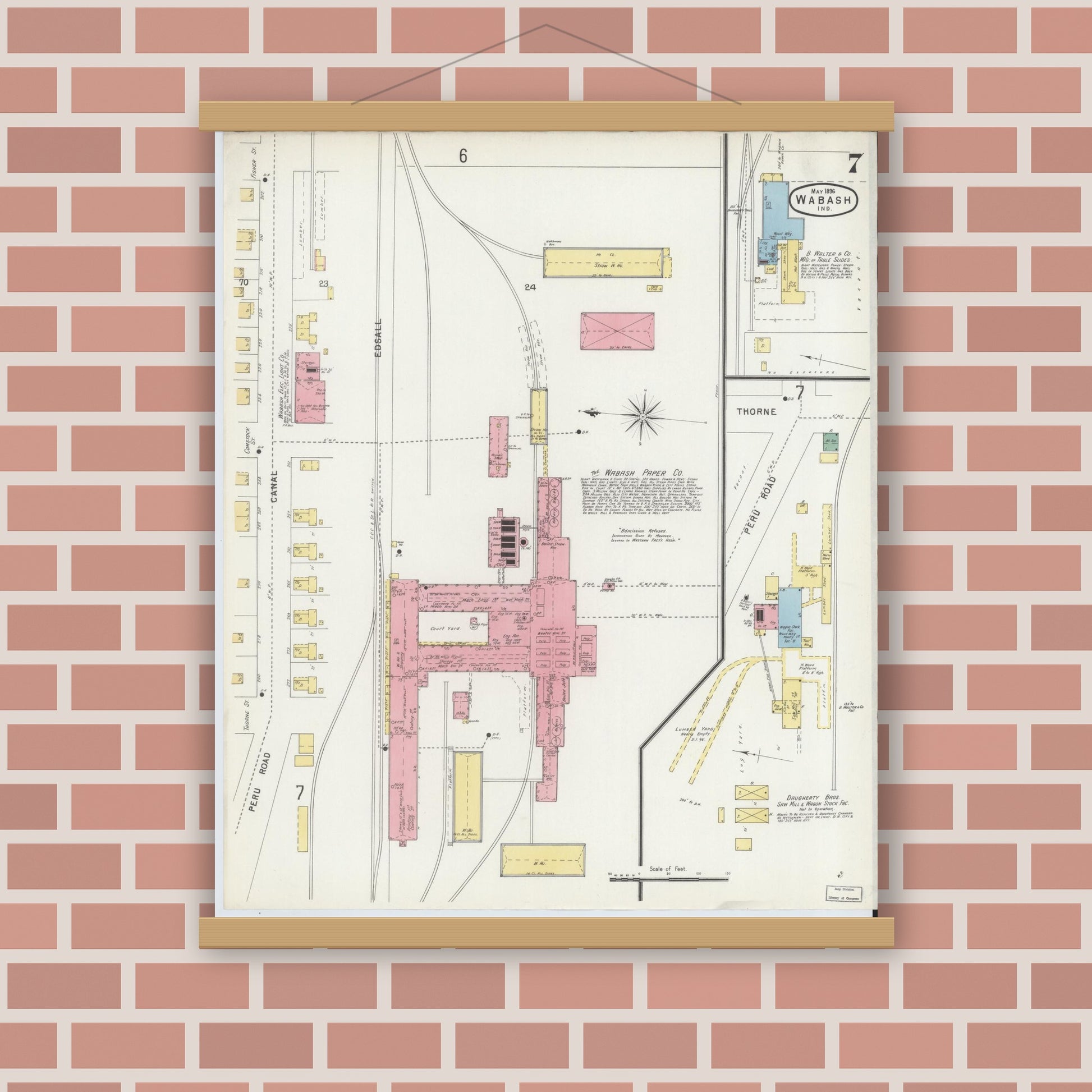 Old map wall art mockup — magnetic wood frame on brick wall — Sanborn Fire Insurance Map from Wabash, Wabash County, Indiana (1896), Sheet #0007