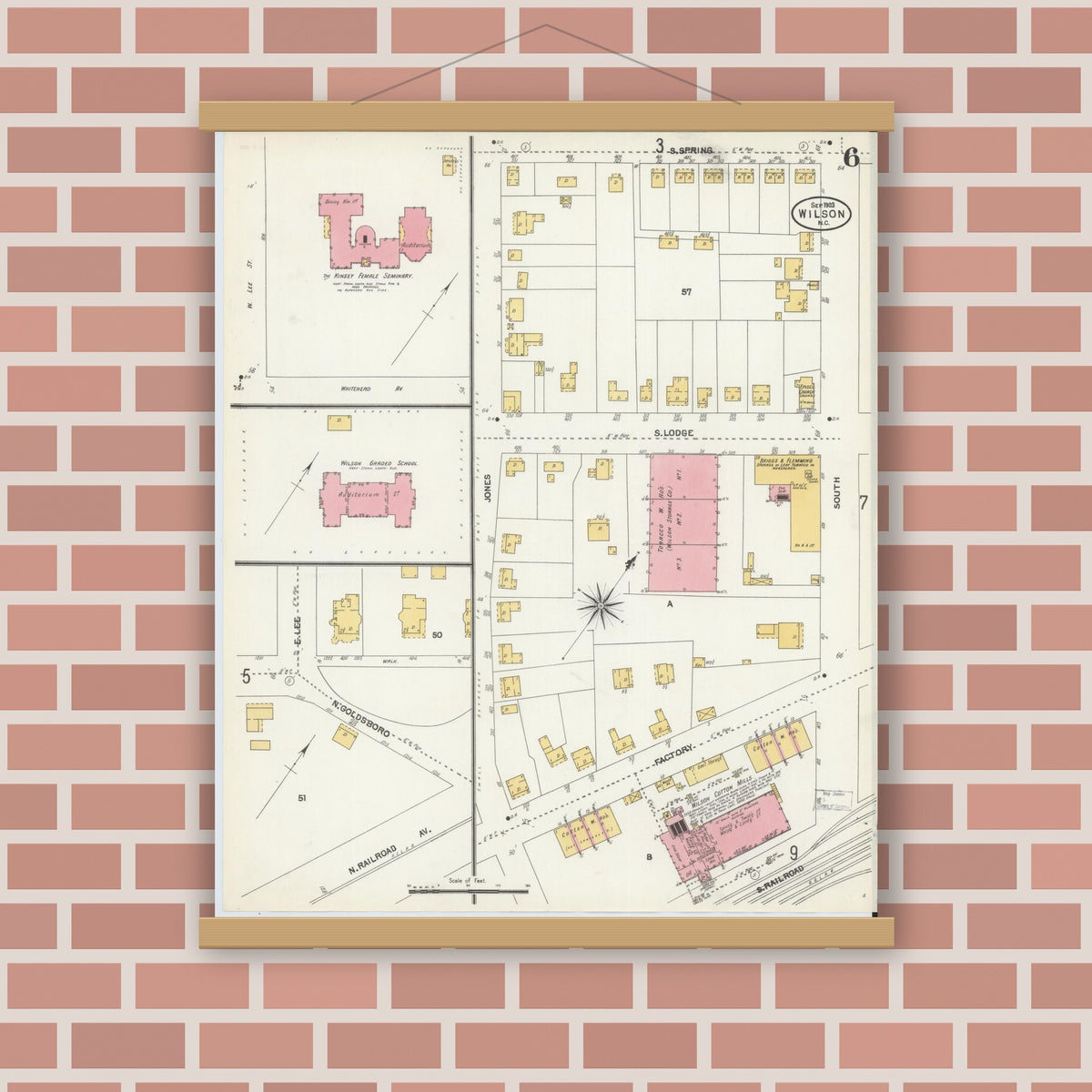 Old map wall art mockup — magnetic wood frame on brick wall — Sanborn Fire Insurance Map from Wilson, Wilson County, North Carolina (1903), Sheet #0006