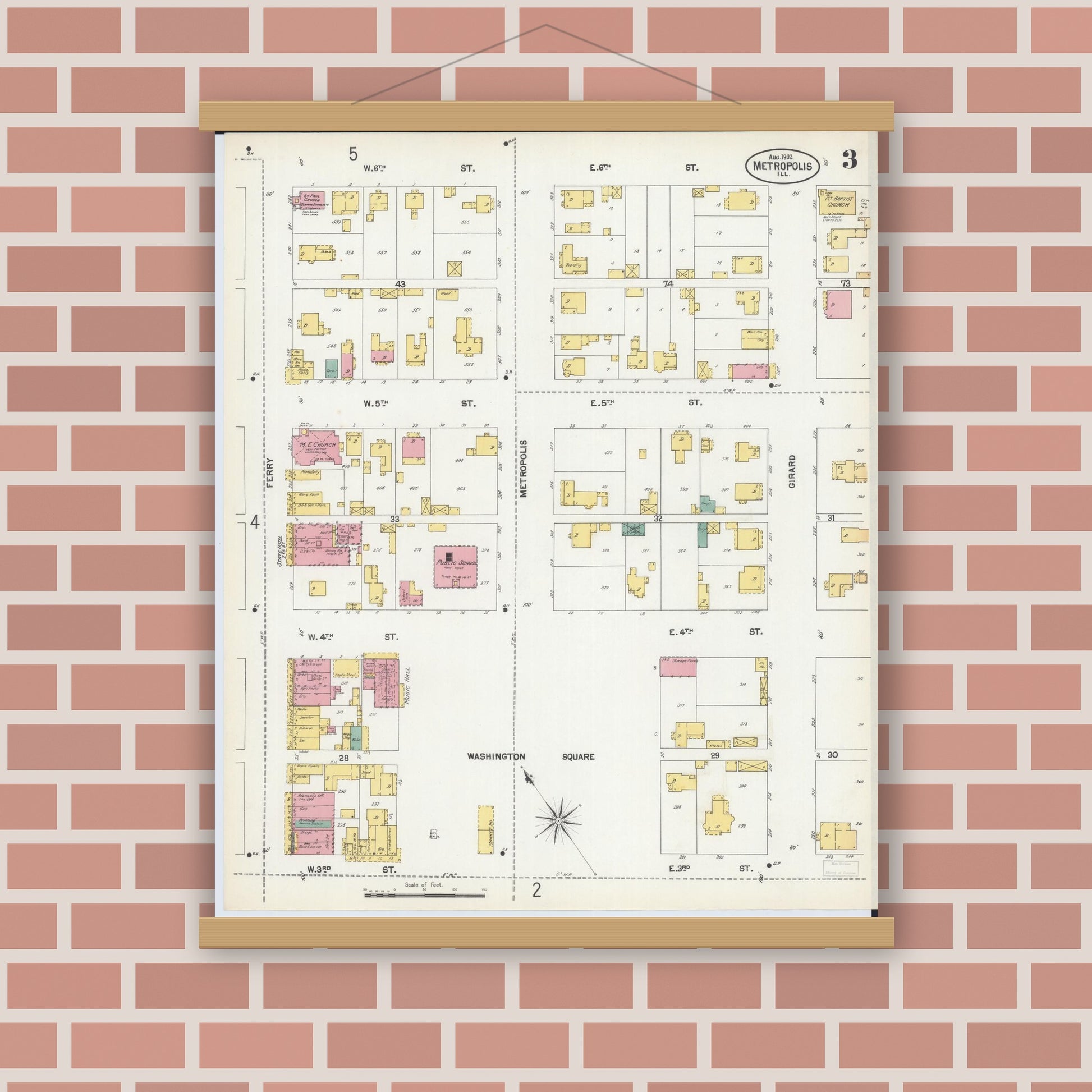 Old map wall art mockup — magnetic wood frame on brick wall — Sanborn Fire Insurance Map from Metropolis, Massac County, Illinois (1902), Sheet #0003