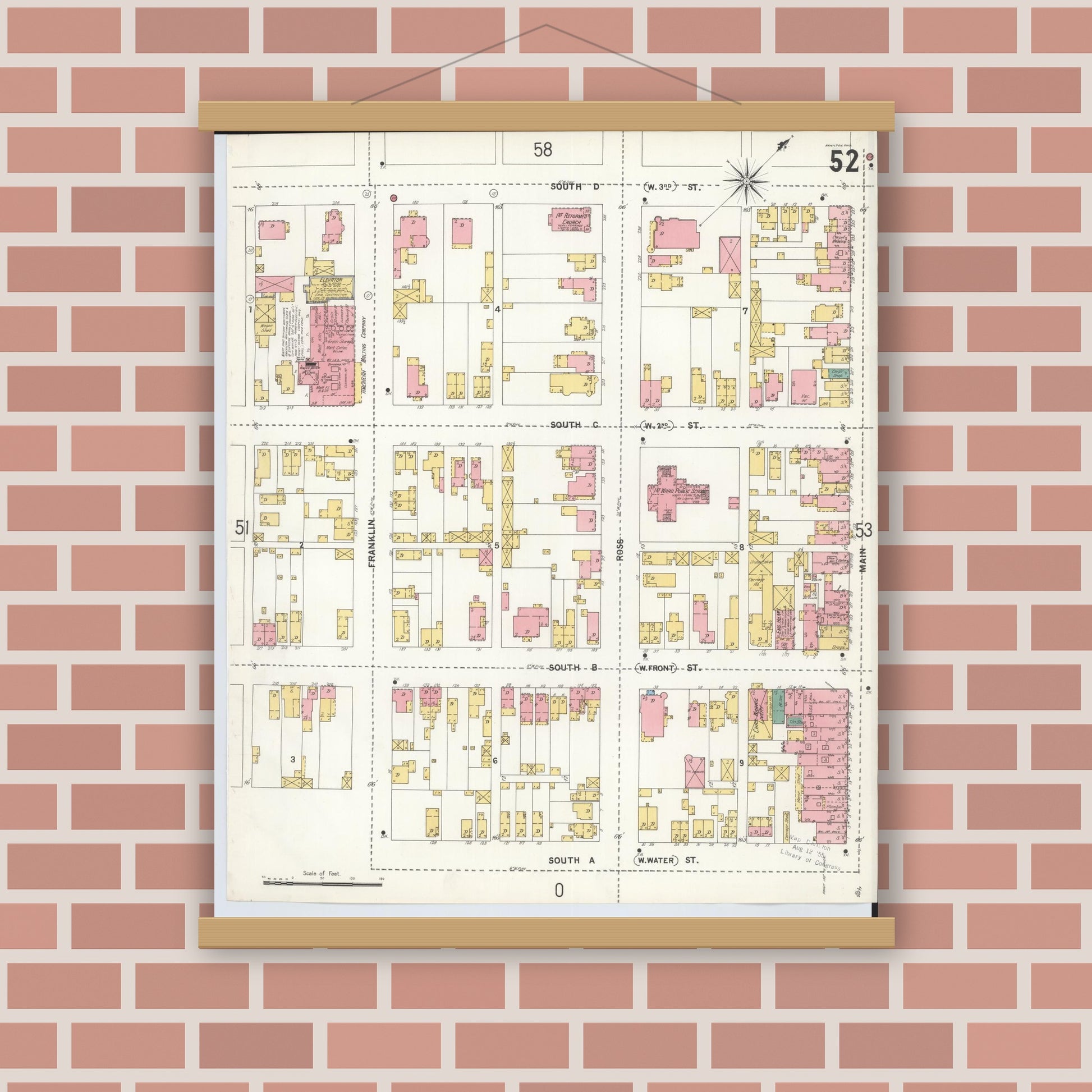 Old map wall art mockup — magnetic wood frame on brick wall — Sanborn Fire Insurance Map from Hamilton, Butler County, Ohio (1899), Sheet #0052