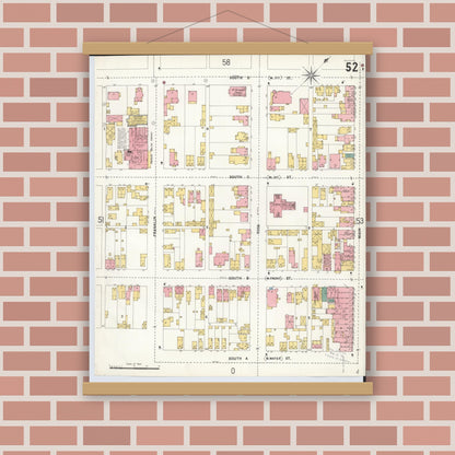Old map wall art mockup — magnetic wood frame on brick wall — Sanborn Fire Insurance Map from Hamilton, Butler County, Ohio (1899), Sheet #0052