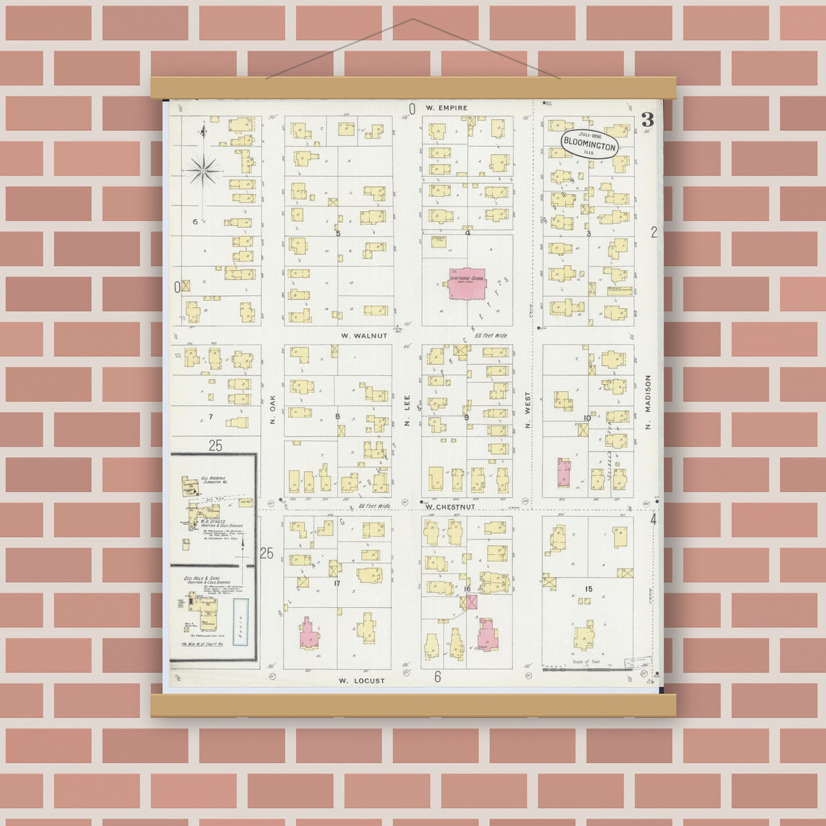 Old map wall art mockup — magnetic wood frame on brick wall — Sanborn Fire Insurance Map from Bloomington, McLean County, Illinois (1896), Sheet #0003