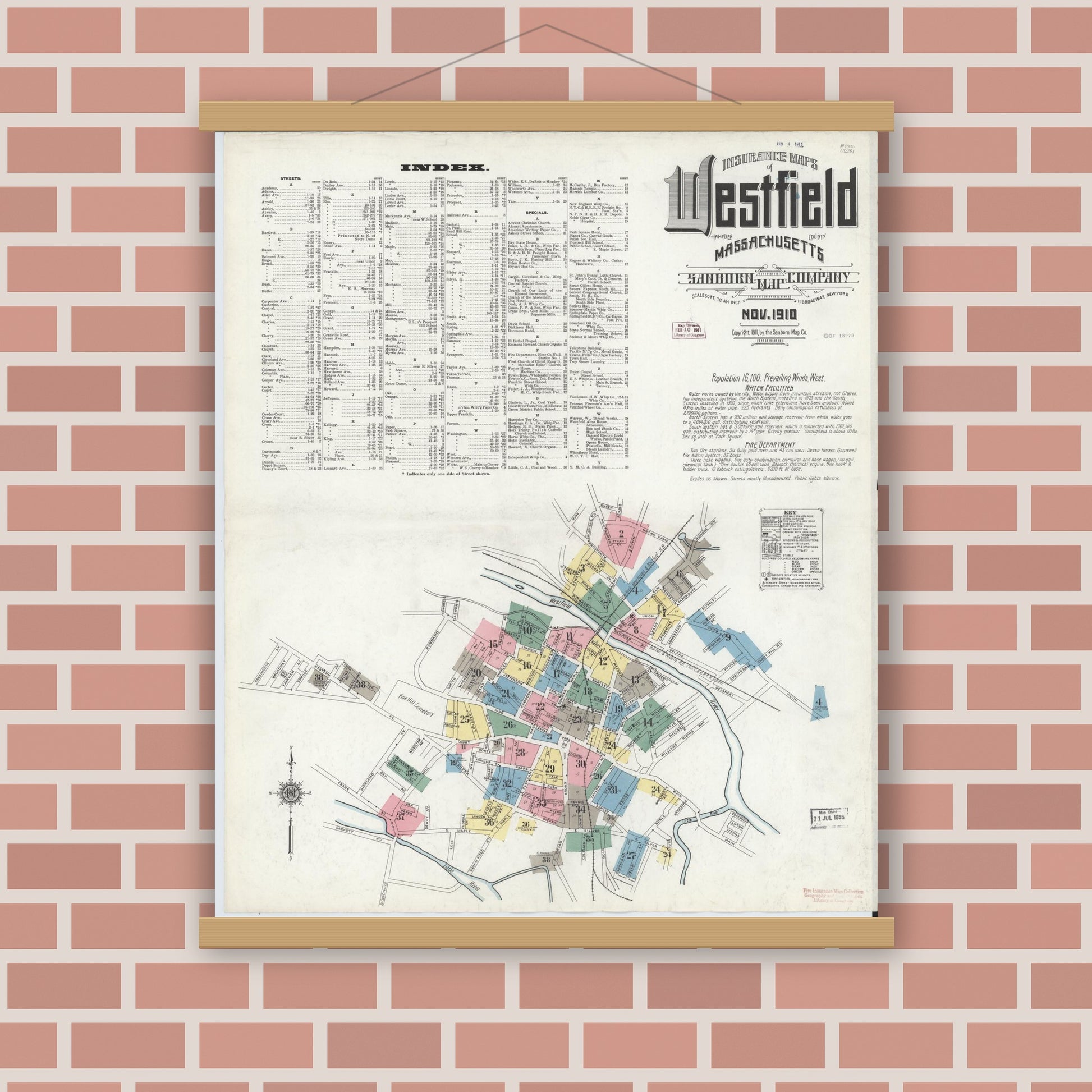 Old map wall art mockup — magnetic wood frame on brick wall — Sanborn Fire Insurance Map from Westfield, Hampden County, Massachusetts (1910), Sheet #0001