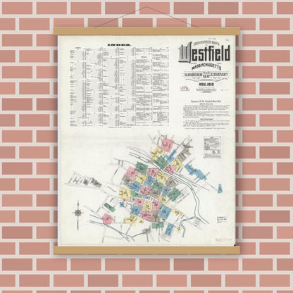 Old map wall art mockup — magnetic wood frame on brick wall — Sanborn Fire Insurance Map from Westfield, Hampden County, Massachusetts (1910), Sheet #0001