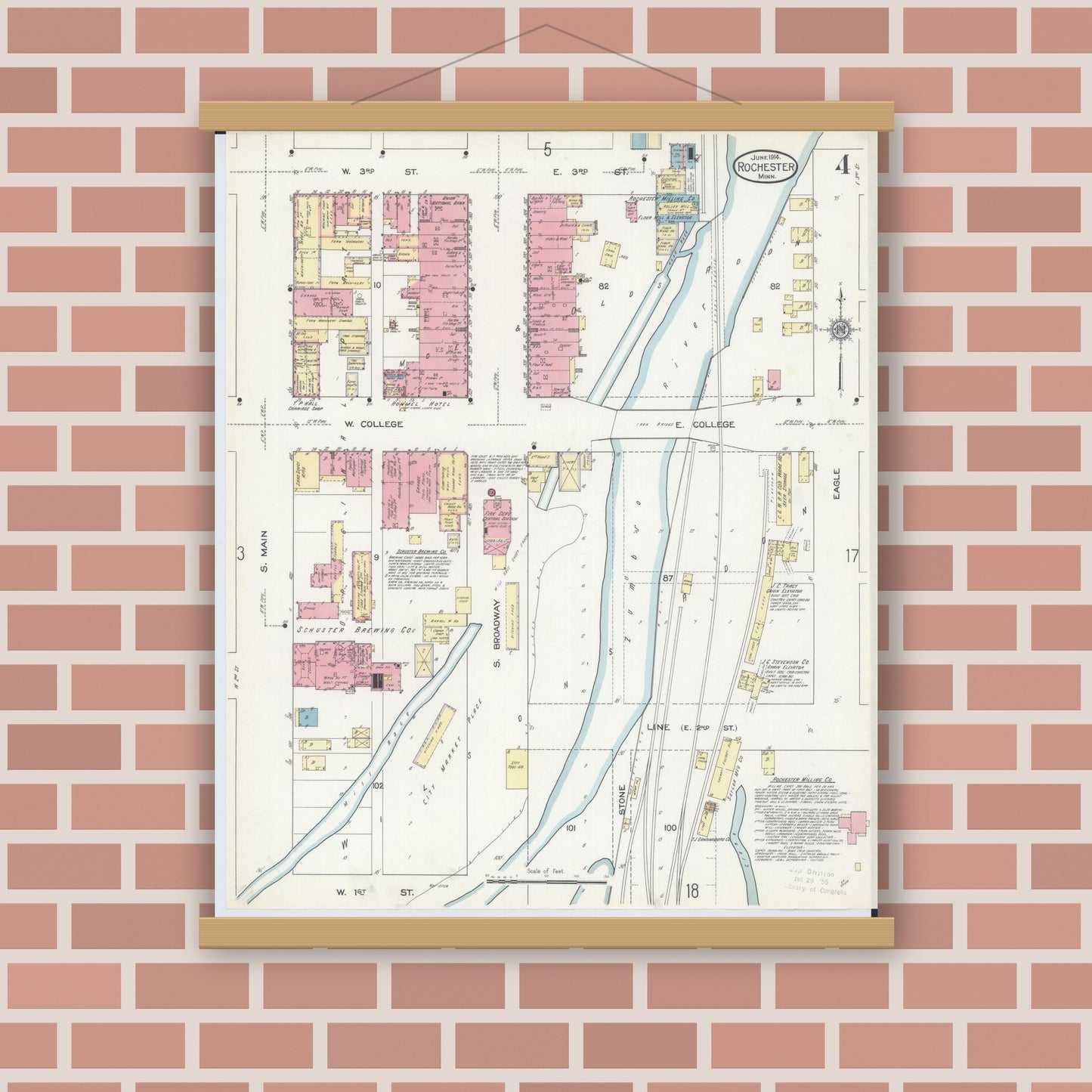 Old map wall art mockup — magnetic wood frame on brick wall — Sanborn Fire Insurance Map from Rochester, Olmsted County, Minnesota (1914), Sheet #0004