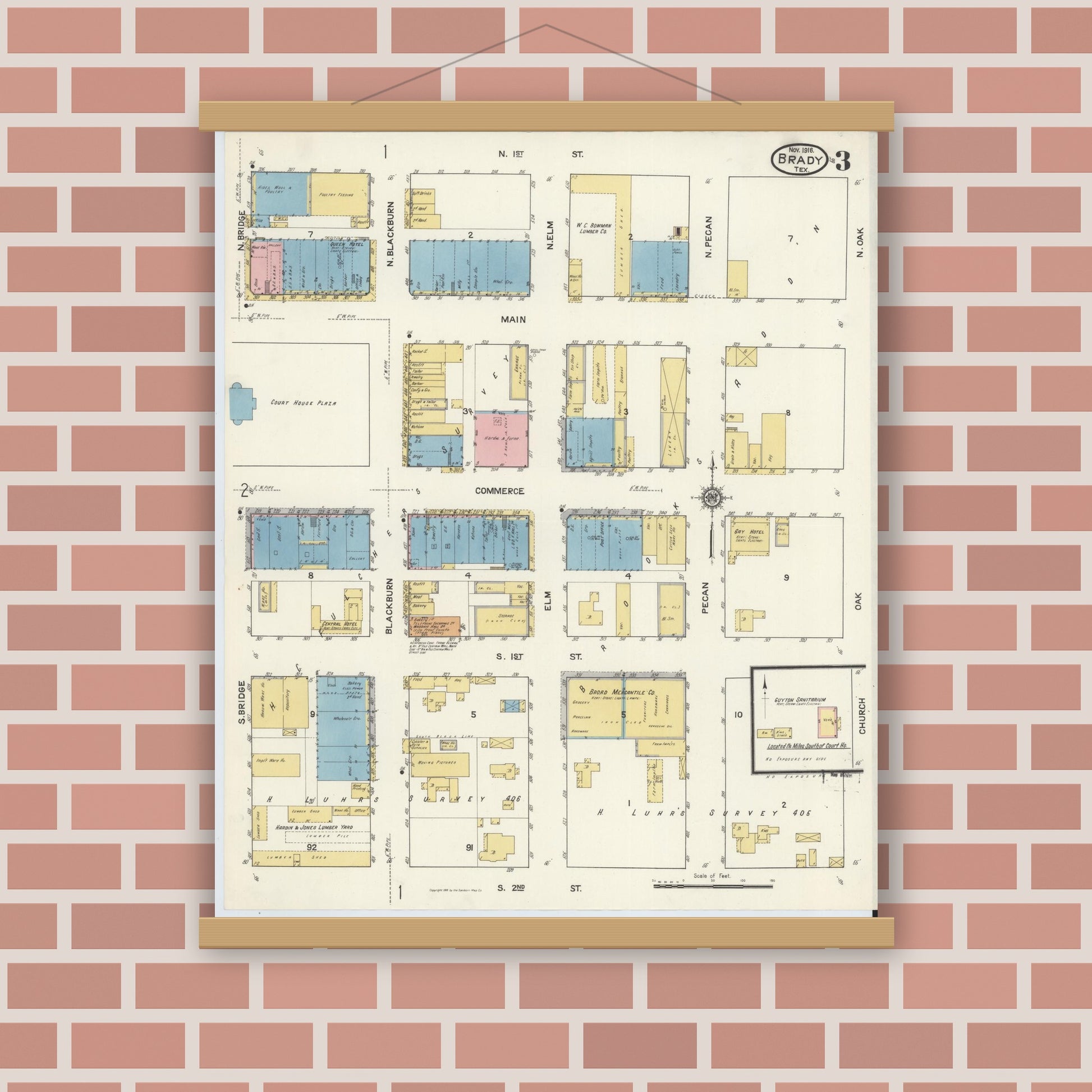 Old map wall art mockup — magnetic wood frame on brick wall — Sanborn Fire Insurance Map from Brady, McCulloch County, Texas (1916), Sheet #0003