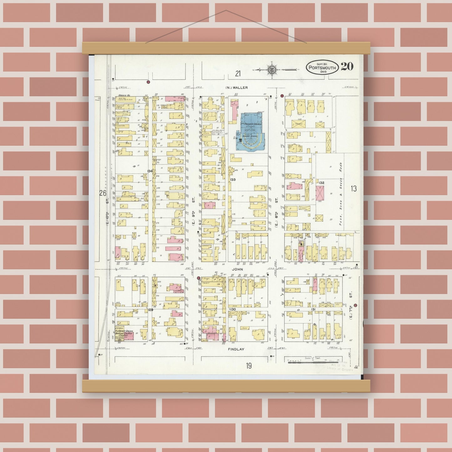 Old map wall art mockup — magnetic wood frame on brick wall — Sanborn Fire Insurance Map from Portsmouth, Scioto County, Ohio (1911), Sheet #0020