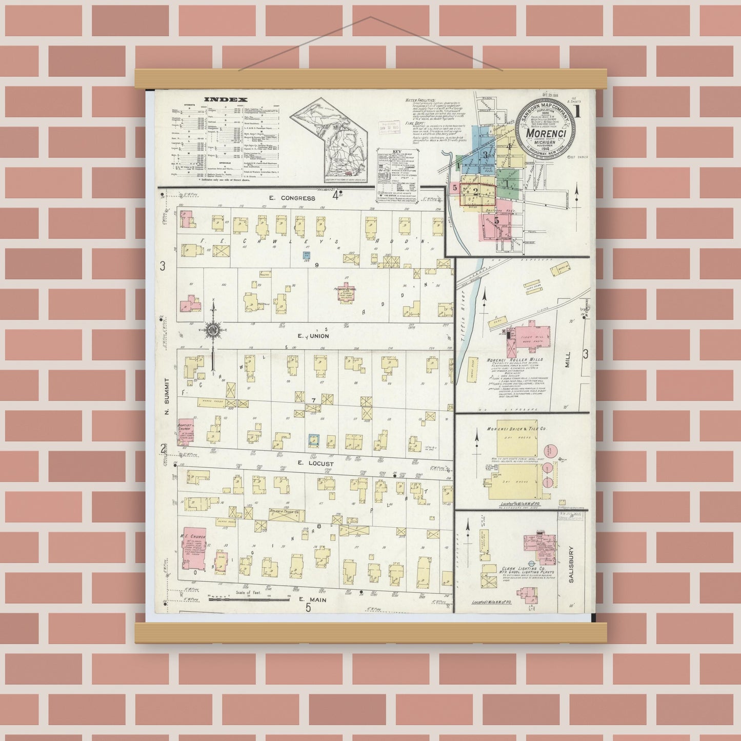 Old map wall art mockup — magnetic wood frame on brick wall — Sanborn Fire Insurance Map from Morenci, Lenawee County, Michigan (1914) - Complete Map Set