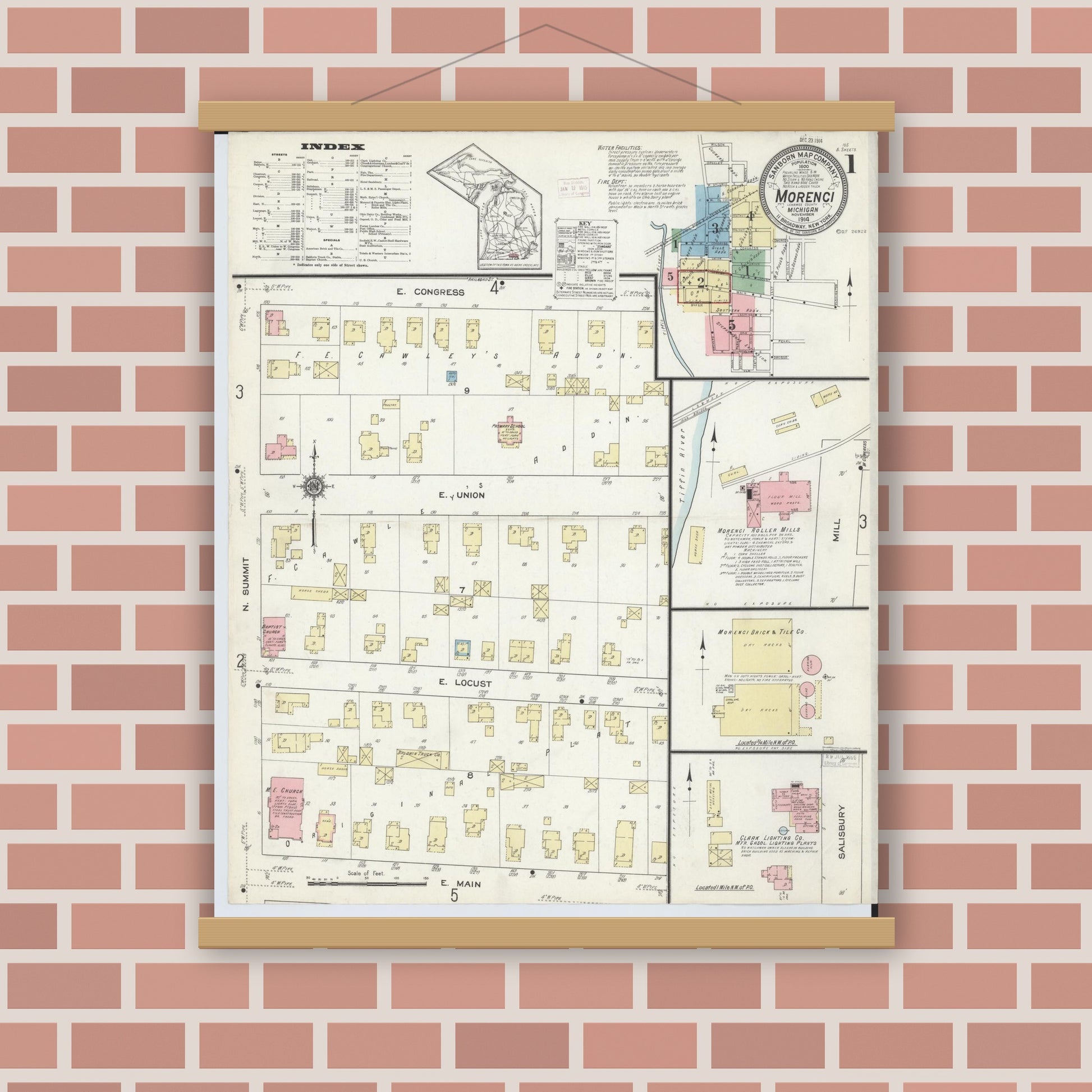 Old map wall art mockup — magnetic wood frame on brick wall — Sanborn Fire Insurance Map from Morenci, Lenawee County, Michigan (1914) - Complete Map Set