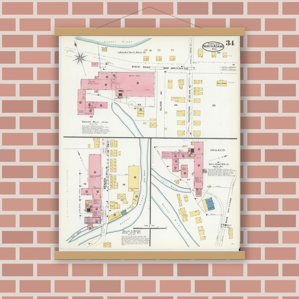Old map wall art mockup — magnetic wood frame on brick wall — Sanborn Fire Insurance Map from North Adams, Berkshire County, Massachusetts (1908), Sheet #0034