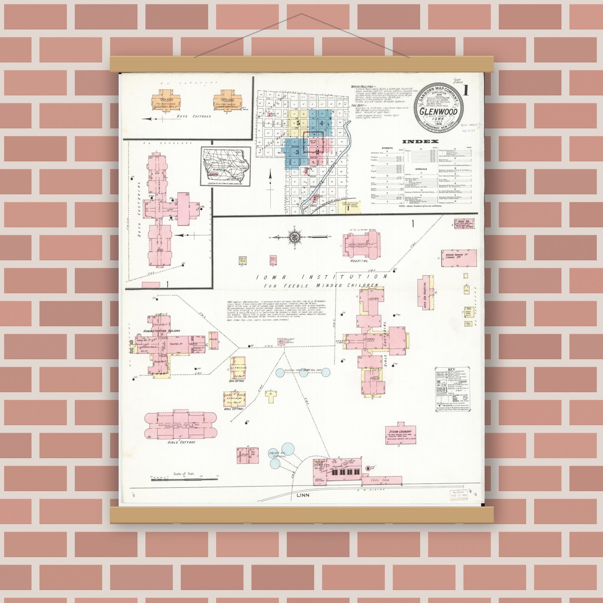 Old map wall art mockup — magnetic wood frame on brick wall — Sanborn Fire Insurance Map from Glenwood, Mills County, Iowa (1914), Sheet #0001
