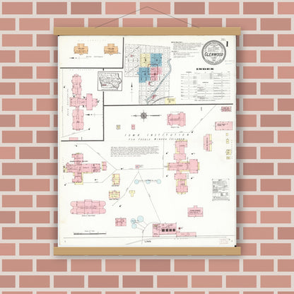 Old map wall art mockup — magnetic wood frame on brick wall — Sanborn Fire Insurance Map from Glenwood, Mills County, Iowa (1914), Sheet #0001