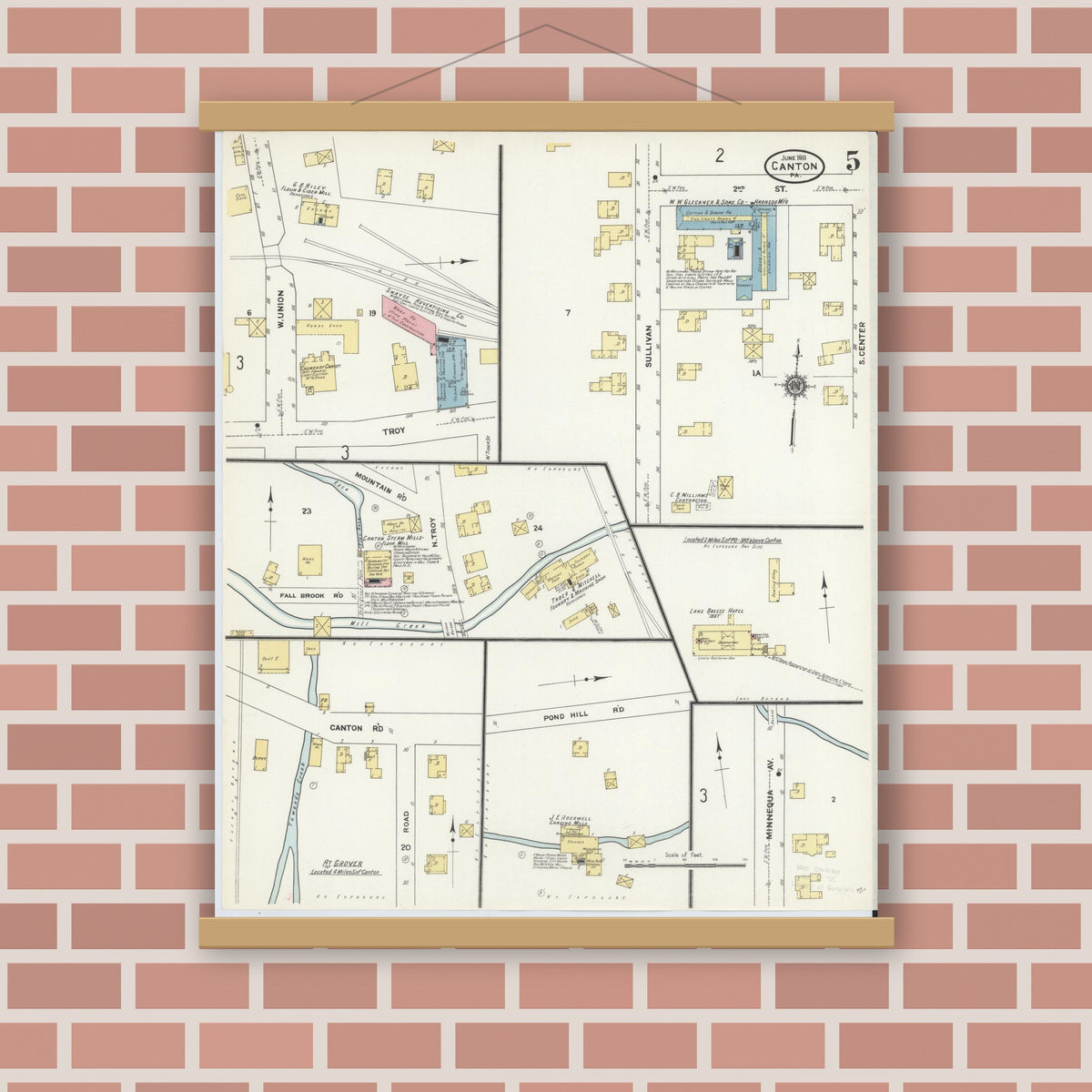 Old map wall art mockup — magnetic wood frame on brick wall — Sanborn Fire Insurance Map from Canton, Bradford County, Pennsylvania (1911), Sheet #0005