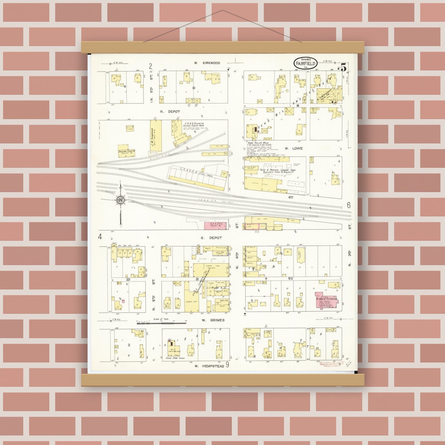 Old map wall art mockup — magnetic wood frame on brick wall — Sanborn Fire Insurance Map from Fairfield, Jefferson County, Iowa (1913), Sheet #0005