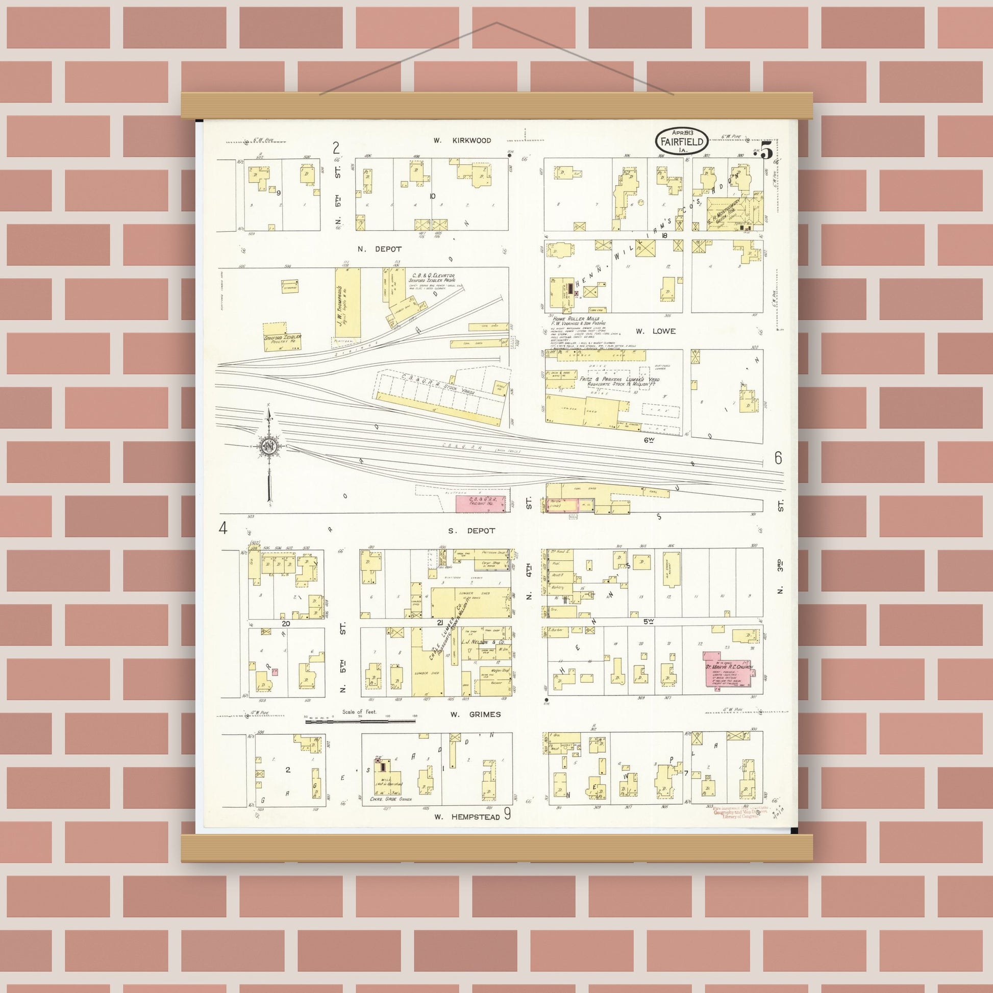 Old map wall art mockup — magnetic wood frame on brick wall — Sanborn Fire Insurance Map from Fairfield, Jefferson County, Iowa (1913), Sheet #0005